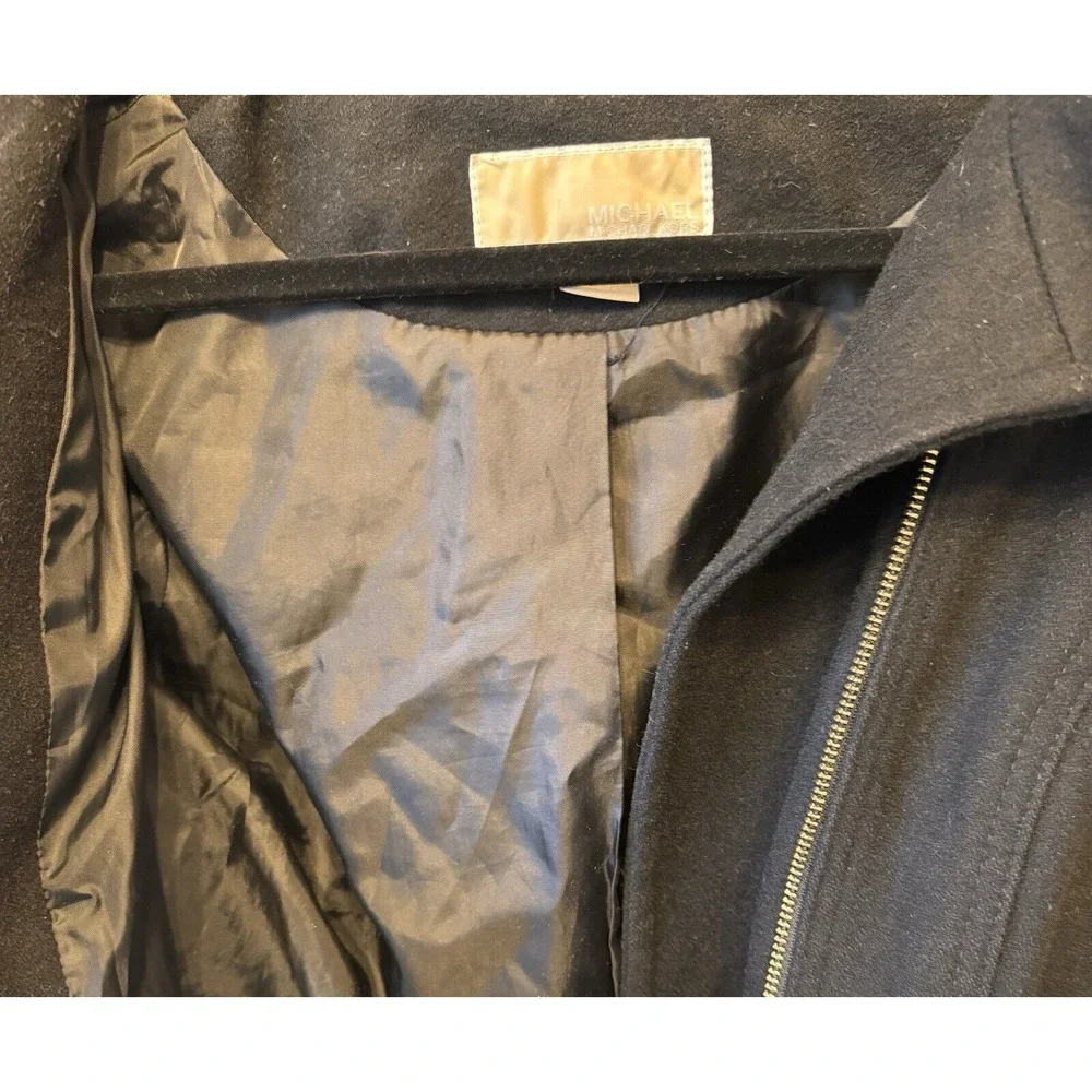 Michael Kors Asymmetrical Zip Hooded Coat Womens 6 Black Wool Blend‎ Gold Tone